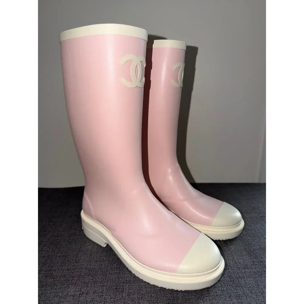 Chanel REV Rose Pink White Caoutchouc CC Logo High Pull On Rubber Rain Boots 39
